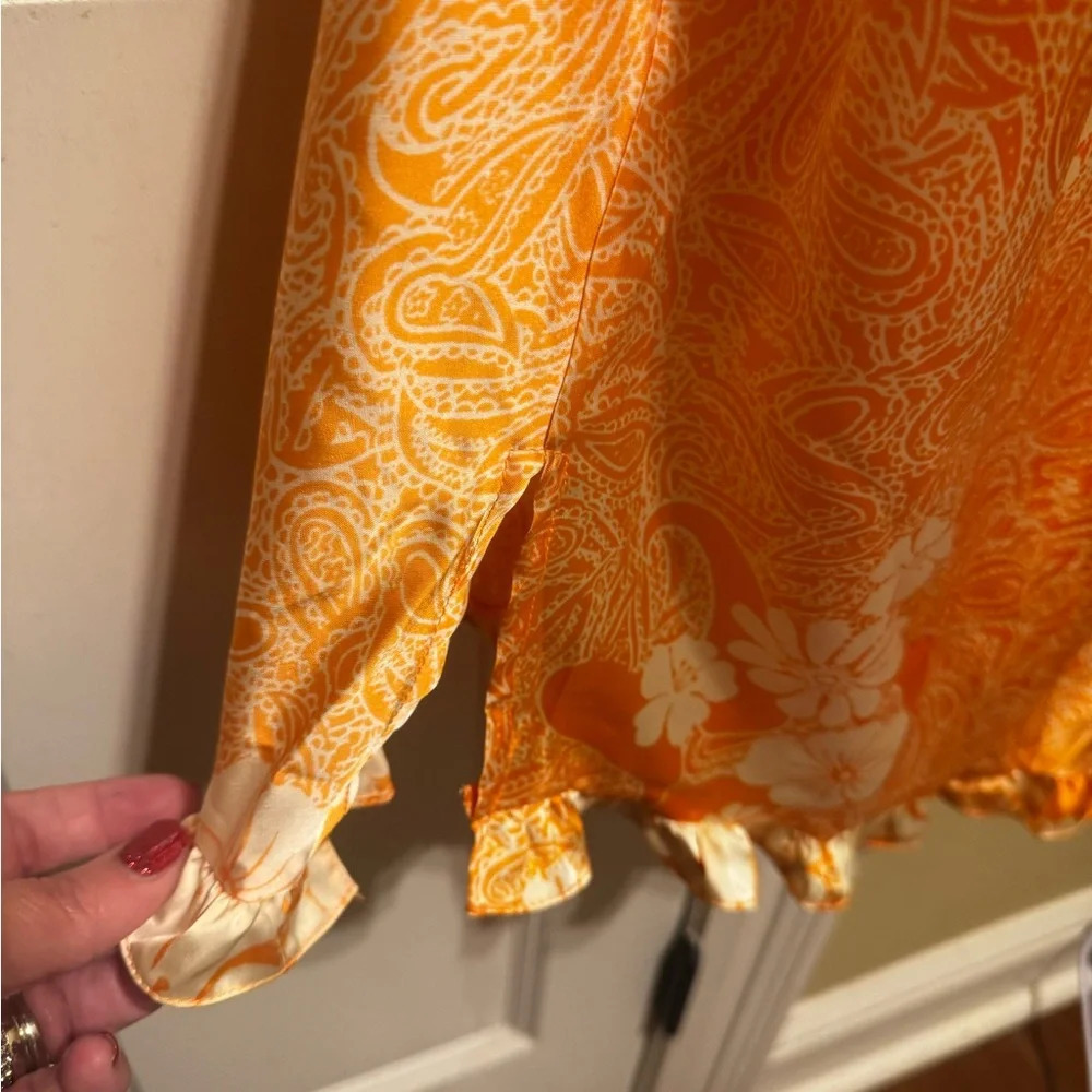 Free People Retro Daisy Asymmetrical Slipdress Orange Gold Floral Sz M - Picture 7 of 13